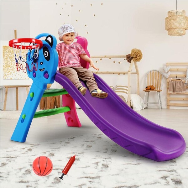 Keezi Kids Slide Set Basketball Hoop Indoor Outdoor Playground Toys 100cm Blue And Purple