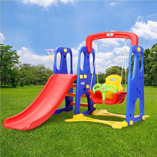 120cm 3-in-1 Keezi Kids Slide Swing Set w/ Basketball Hoop Outdoor Indoor Playground Toys