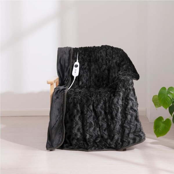 Dreamaker Luxury 500Gsm Faux Fur Electric Heated Throw Blanket Charcoal 160x120cm