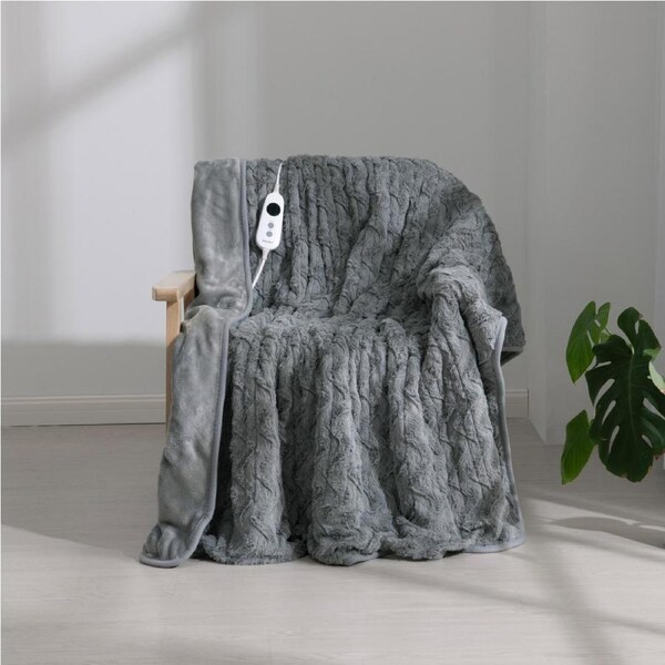 Dreamaker Luxury 500Gsm Faux Fur Electric Heated Throw Blanket Silver 160x120cm