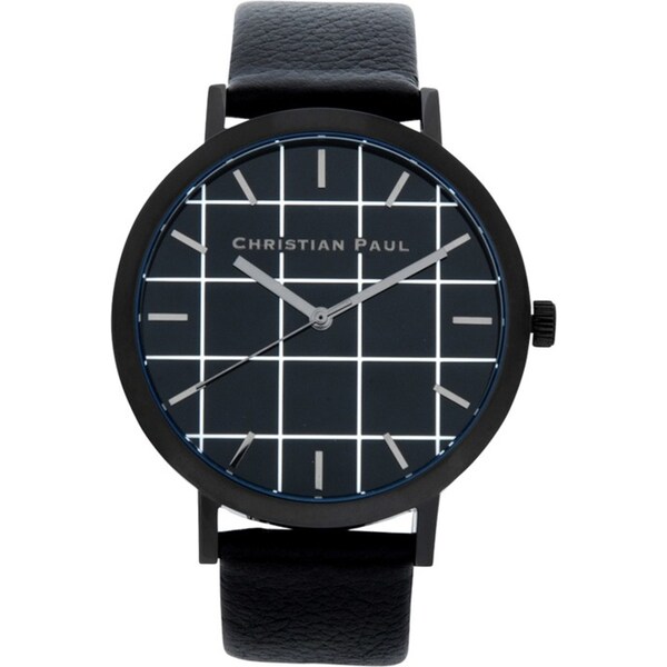 Christian Paul Men's 43mm Strand Grid Wrist Watch w/ Leather Strap Band Black