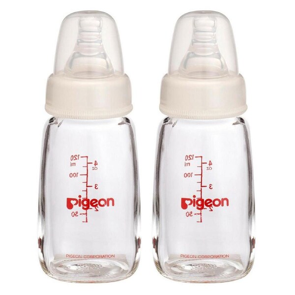 2x Pigeon Slim Neck Peristaltic 120mL Glass Feeding Bottle for Newborn Baby 0m+