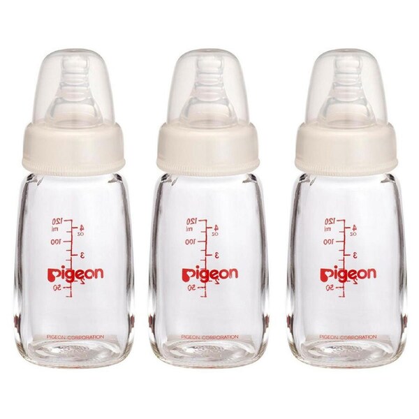 3x Pigeon Slim Neck Peristaltic 120mL Glass Feeding Bottle for Newborn Baby 0m+