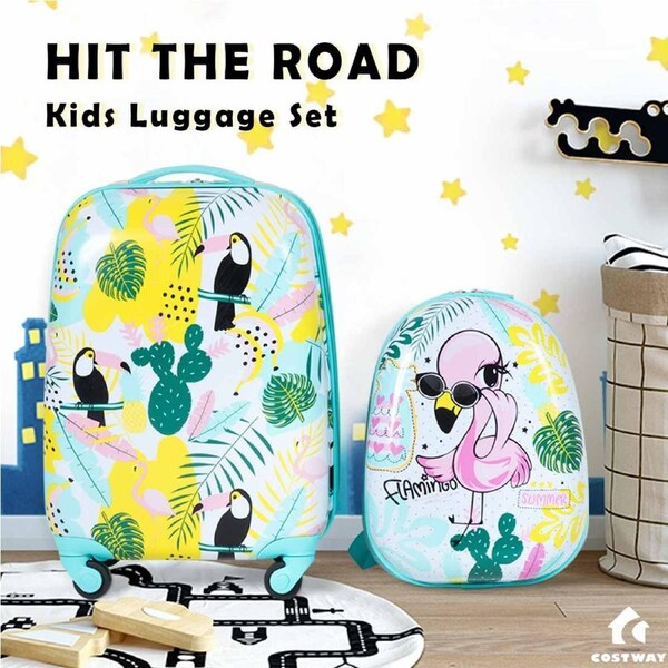 Costway 2PCS Luggage Set Travel Trolley 16"+13" Suitcase Backpack Set Carry On Bag Cute Flamingo Pattern Gift