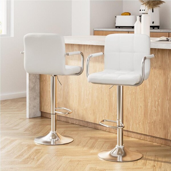 2x Artiss Bar Stools Leather Gas Lift w/Armrest White