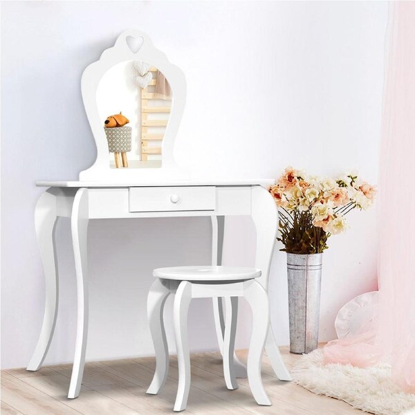 1 Set Keezi Kids Dressing Table Stool 2 in 1 Vanity Mirror Princess Children Makeup White