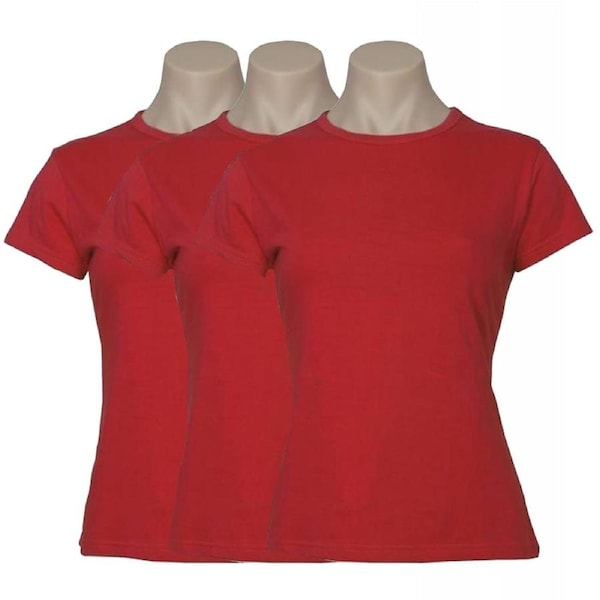 3x Womens Plain Ladies T SHIRT 100% COTTON Basic Tee Casual Top Size 6-24 BULK Red / 10
