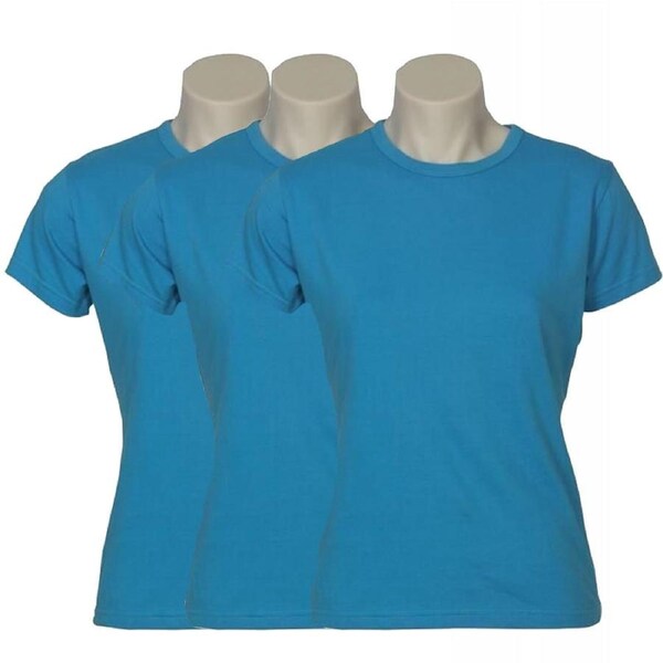 3x Womens Plain Ladies T SHIRT 100% COTTON Basic Tee Casual Top Size 6-24 BULK Cyan Blue / 12