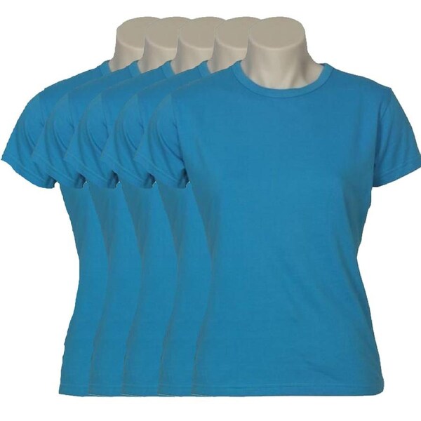 5x Womens Plain Ladies T SHIRT 100% COTTON Basic Tee Casual Top Size 6-24 BULK Cyan Blue / 8