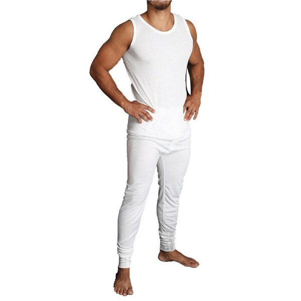 2pcs Set Mens Merino Wool Blend Thermal Singlet Top & Pants Underwear Thermals Beige / M