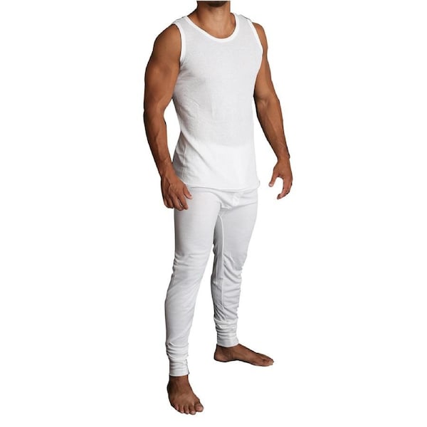 2pcs Set Mens Merino Wool Blend Thermal Singlet Top & Pants Underwear Thermals Beige / S