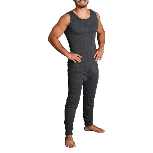 2pcs Set Mens Merino Wool Blend Thermal Singlet Top & Pants Underwear Thermals Black / XL