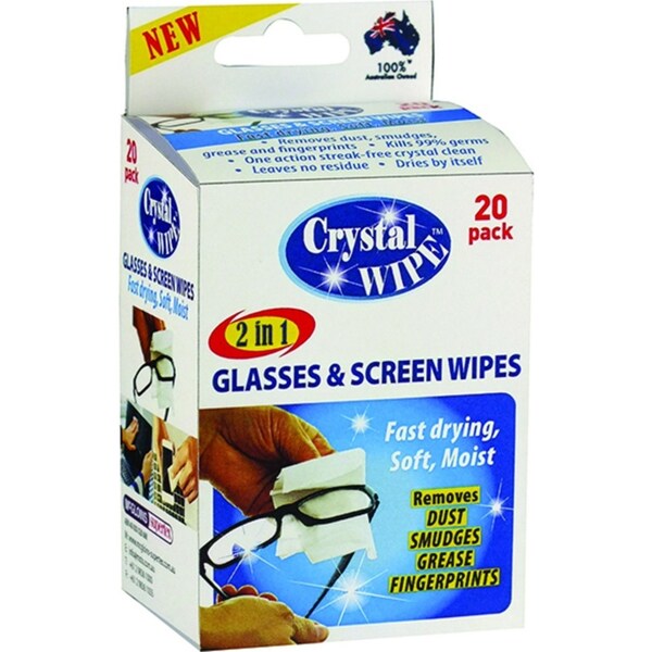 Crystal Wipes Glasses & Screen Wipes Soft Microfibre Lens Cleaner Cloth Watch - 20 Pack