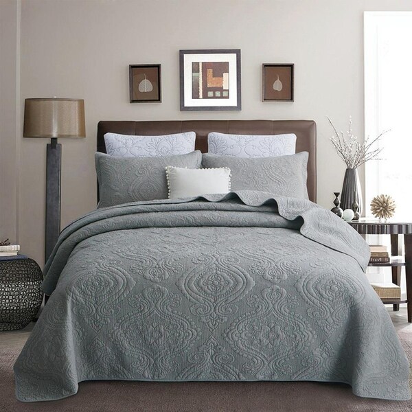 Luxury Quilted 100% Cotton Coverlet / Bedspread Set King / Super King Size Bed 250x270cm Damask Steel Grey