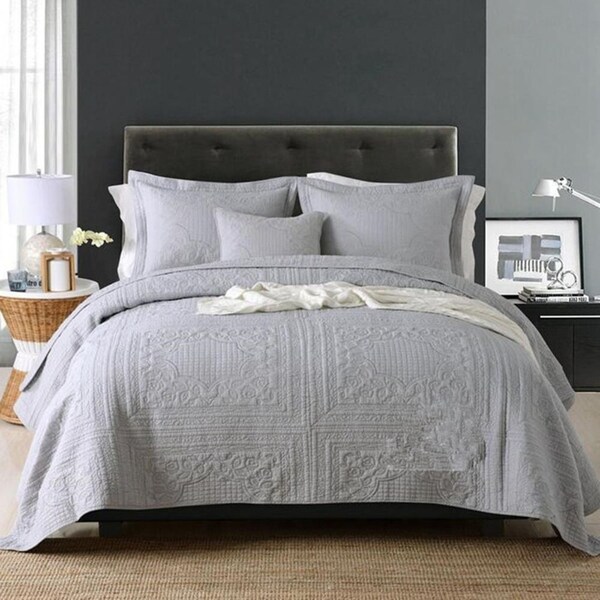 Luxury Quilted 100% Cotton Coverlet / Bedspread Set King / Super King Size Bed 245x270cm Square Grey