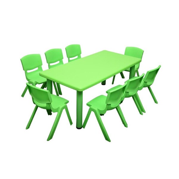 120x60cm Rectangle Green Kid's Table and 8 Green Chairs