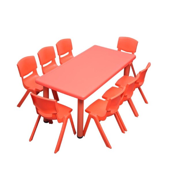 120x60cm Rectangle Red Kid's Table and 8 Red Chairs