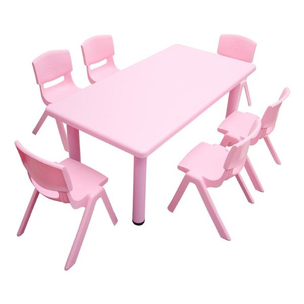120x60cm Kid's Adjustable Rectangle Pink Table & 6 Pink Chairs Set
