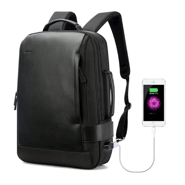 Bopai Luxury Style Leather & Microfibre Anti-Theft Business and Travel with USB Charging Laptop Backpack B6631 Black 15.6' Laptop