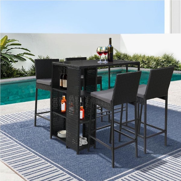 4 Seater Gardeon 5PCS Outdoor Bar Set Table and Stools Chairs Dining Set Wicker Bistro Patio Furniture