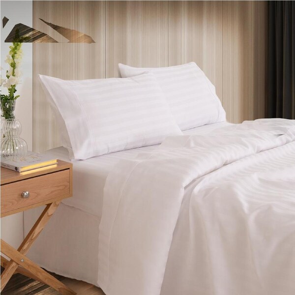 Kensington 1200 Thread Count 100% Cotton Sheet Set Stripe Hotel Grade Soft Touch White / Double