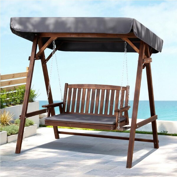 Gardeon Outdoor Wooden Swing Chair Garden Bench Canopy Cushion 2 Seater Charcoal