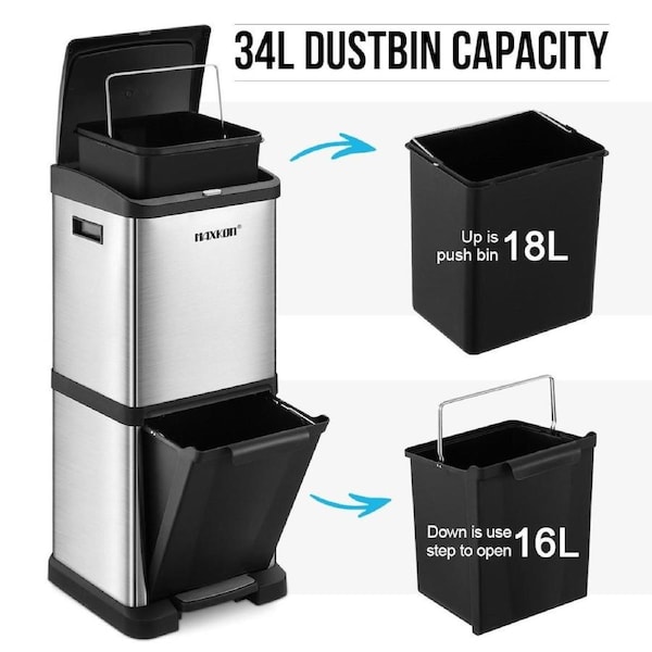34L Rubbish Bin Pedal Dustbin Kitchen Waste Garbage Trash Can Household Stepbin Dual Two Layer Press Top