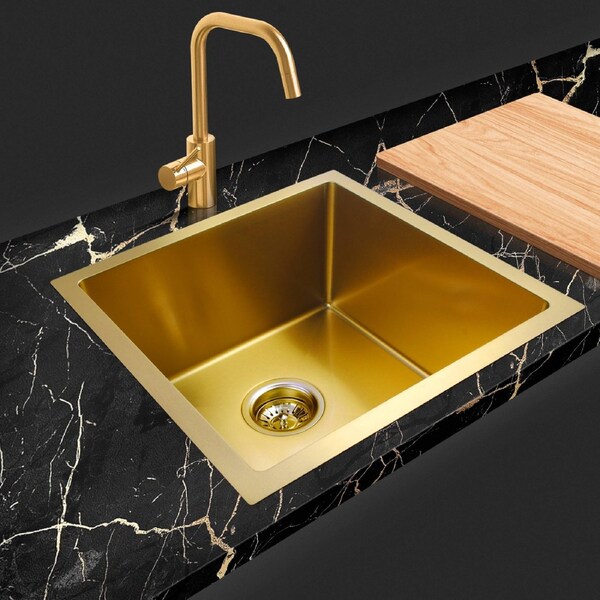 ACA Kitchen Sink 440x440x205mm Brushed Yellow Gold 304 Stainless Steel Single Bowl Top/Flush/Undermount