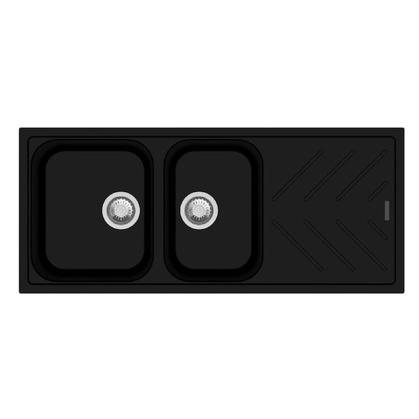 ACA 1160x500x200mm Black Granite Quartz Stone 1 and 3/4 Kitchen Sink Double Bowls Drainboard Topmount