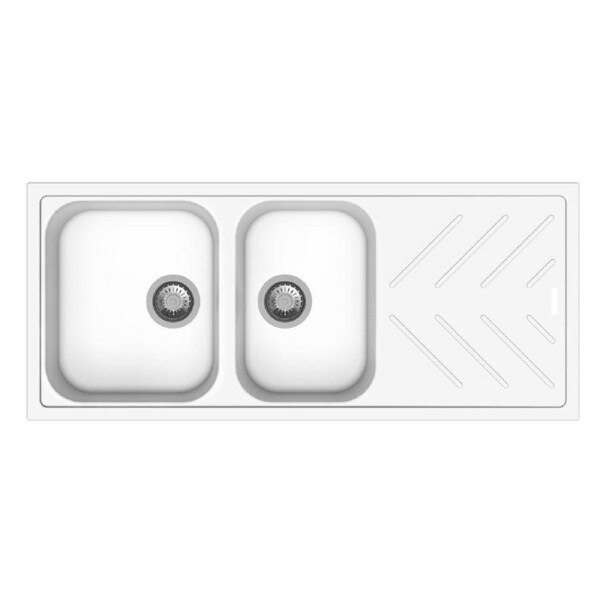 ACA 1160x500x200mm White Granite Quartz Stone 1 and 3/4 Kitchen Sink Double Bowls Drainboard Topmount