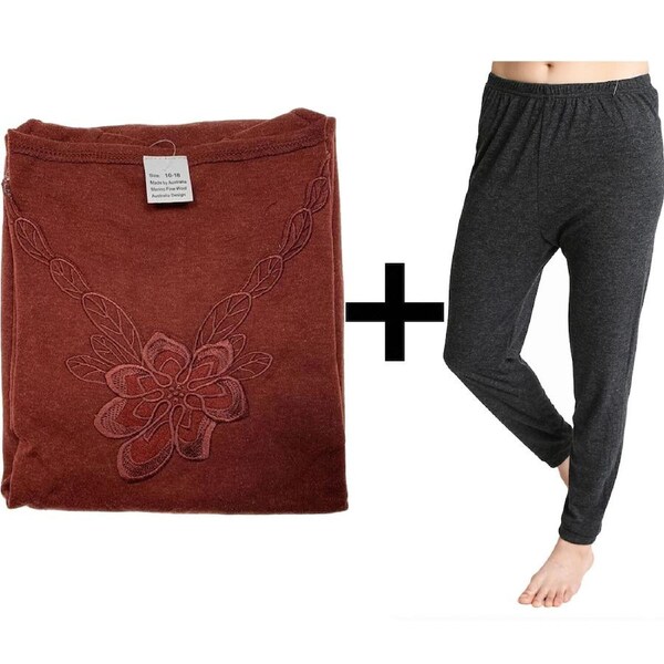 2pcs Set Womens Merino Wool Blend Pants & Top Underwear Leggings Thermal Thermals Burgundy Top & Black Pants / 14-16