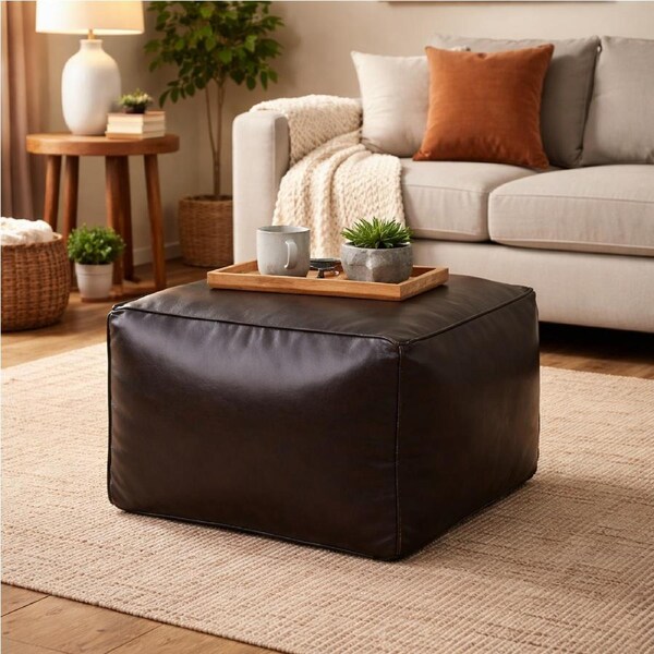 Vintage Brown Leather Square Ottoman