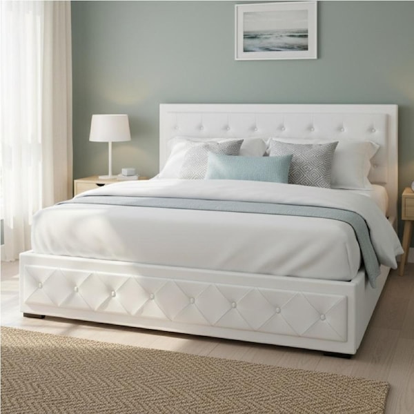 Artiss Queen Bed Frame Gas Lift Storage PVC Leather White TIYO