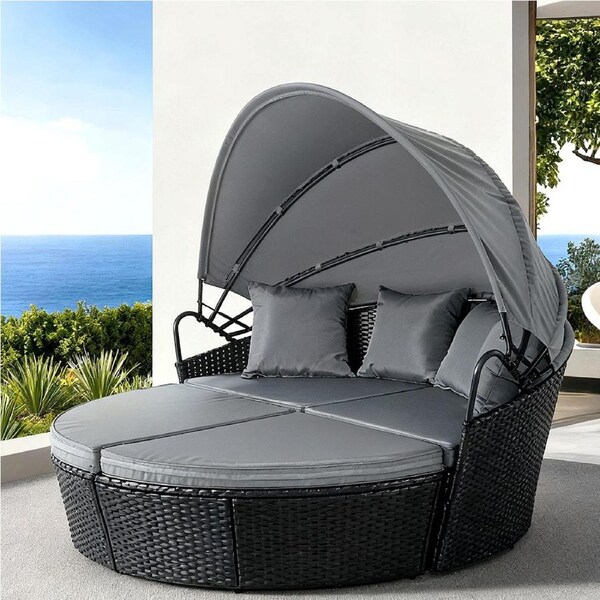 3PC Gardeon Sun Lounge Setting Wicker Lounger Day Bed Outdoor Furniture Patio Black