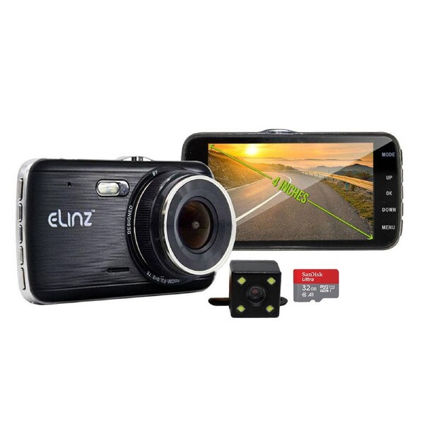 Elinz 4" LCD Dash Cam Dual Camera Reversing 1296P 32GB