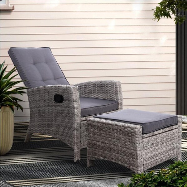 1x Gardeon Sun lounge Outdoor Chairs Recliner Chair Wicker Lounger Sofa Day Bed Patio Furniture Garden Cushion Ottoman Grey