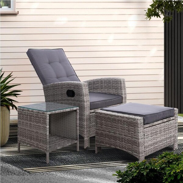 3PC Gardeon Outdoor Setting Recliner Chair Table Set Wicker lounge Patio Furniture Grey