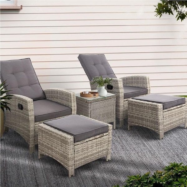 5PC Gardeon Recliner Chairs Table Sun lounge Wicker Outdoor Furniture Adjustable Grey