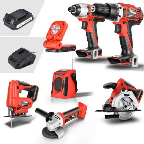 Matrix Tools 20V Cordless Brushed Drill + Impact Driver + Angle Grinder + Circular Saw + Jigsaw + Work Light Combo Kit