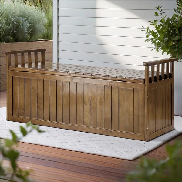 200L Gardeon Outdoor Storage Bench Box 129cm Wooden Garden Toy Chest Sheds Patio Furniture XL Natural