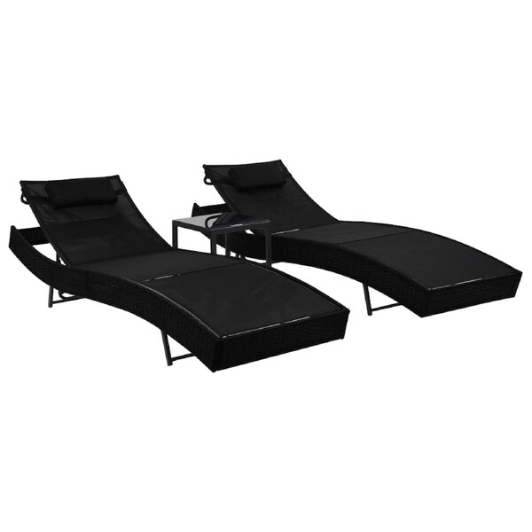 Sun Loungers 2 pcs with Table Poly Rattan and Textilene Black vidaXL