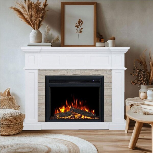 Hudson 2000W Electric Fireplace Heater Stone Veneer White Mantel Suite with 30" Moonlight Insert