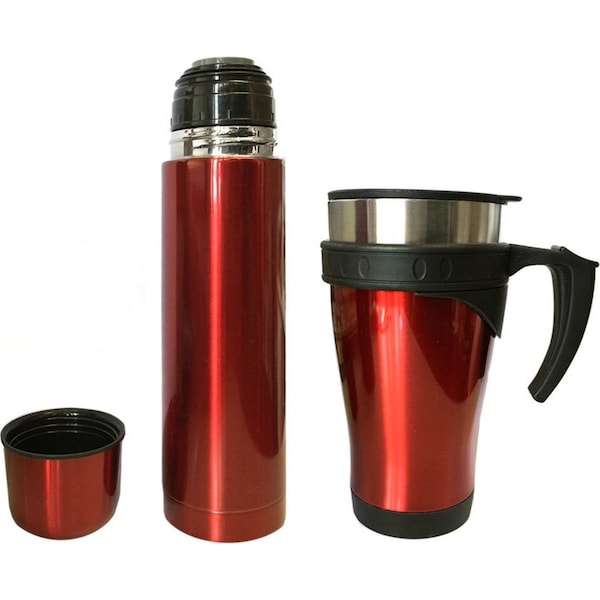 Stainless Steel Vacuum Flask 450ml Mug/500ml Bottle w/ Double Wall Cup Set
