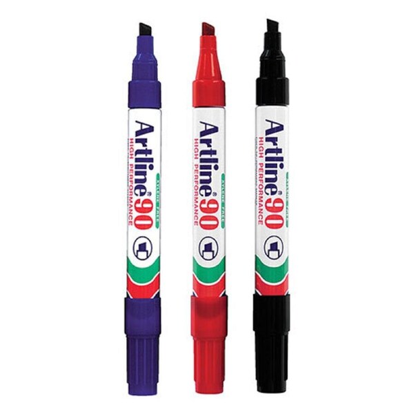 3pc Artline 90 Permanent Marker Office/School Assorted Colours 5mm Chisel Nib