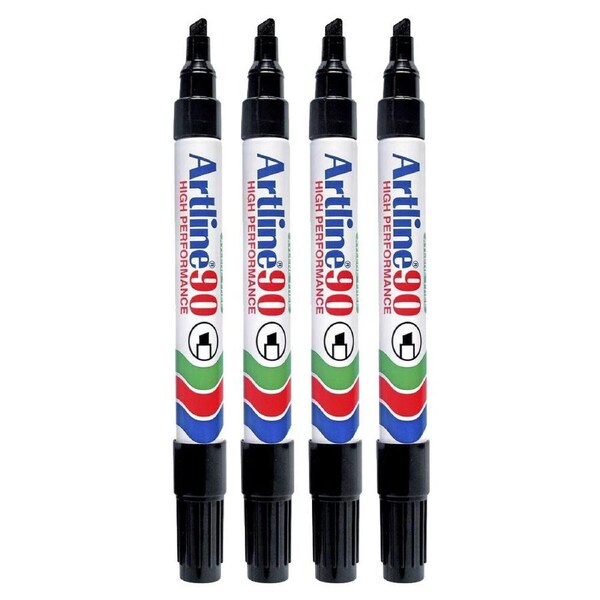 4pc Artline 90 Permanent Marker Office/School 2-5mm Line Width Chisel Nib Black