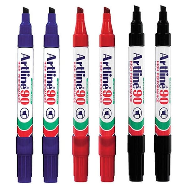 6pc Artline 90 Permanent Marker Office/School Assorted Colours 5mm Chisel Nib