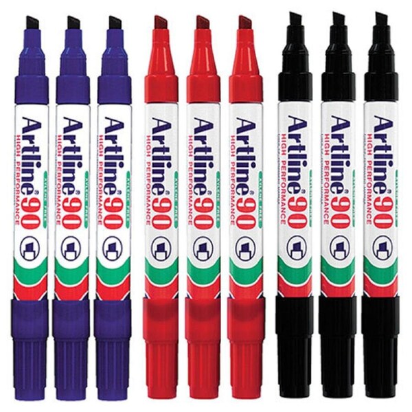 9pc Artline 90 Permanent Marker Office/School Assorted Colours 5mm Chisel Nib