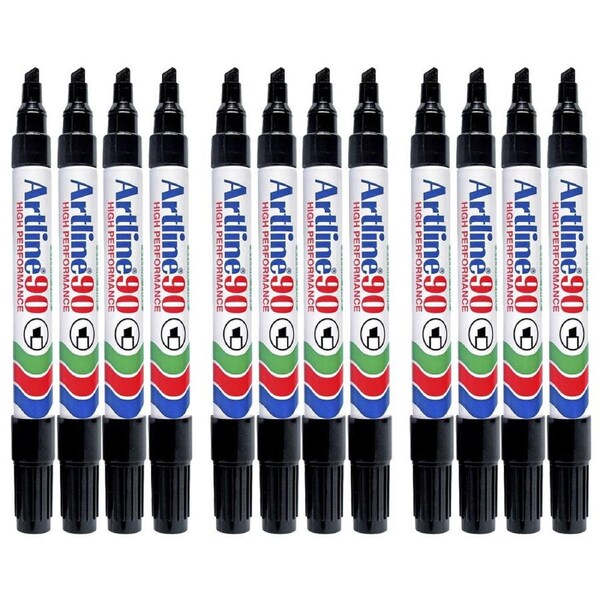 12pc Artline 90 Permanent Marker Office/School 2-5mm Line Width Chisel Nib Black
