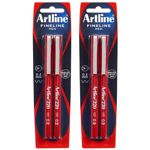 4pc Artline Fineline 220 Super Fine 0.2mm Line School Drawing Writing Pen Red