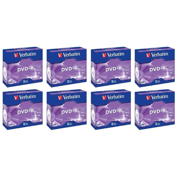 8x 5PK Verbatim DVD+R 4.7GB 16x/120min Blank Discs Data Storage w/ Jewel Cases